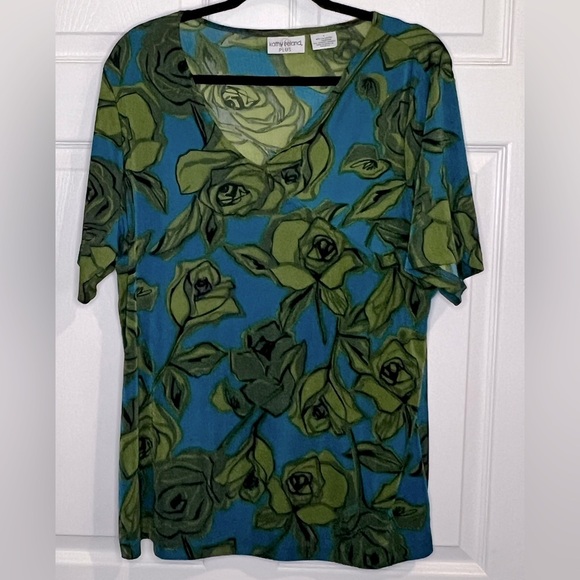 Kathy Ireland Women’s Blouse - V-Neck Blue/Green Floral Print - Sz -X (12-14) - Picture 1 of 4